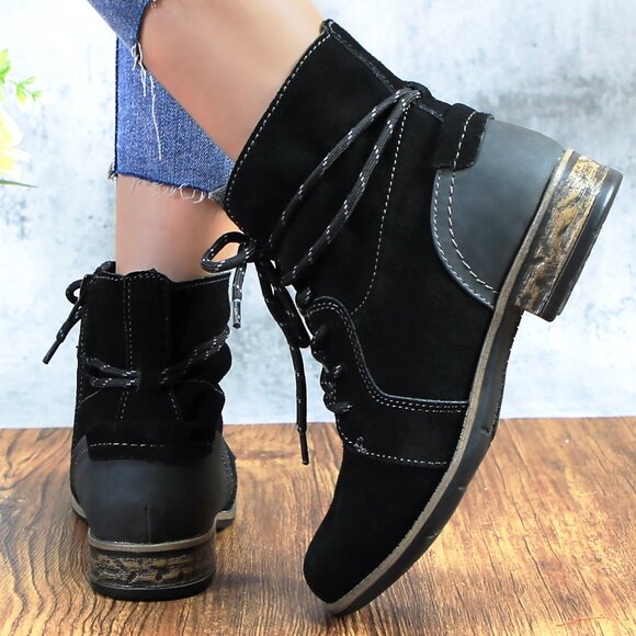 Women's Black Genuine Leather Suede Ankle Lace Bootie with Side Zipper - Picture 2 of 10